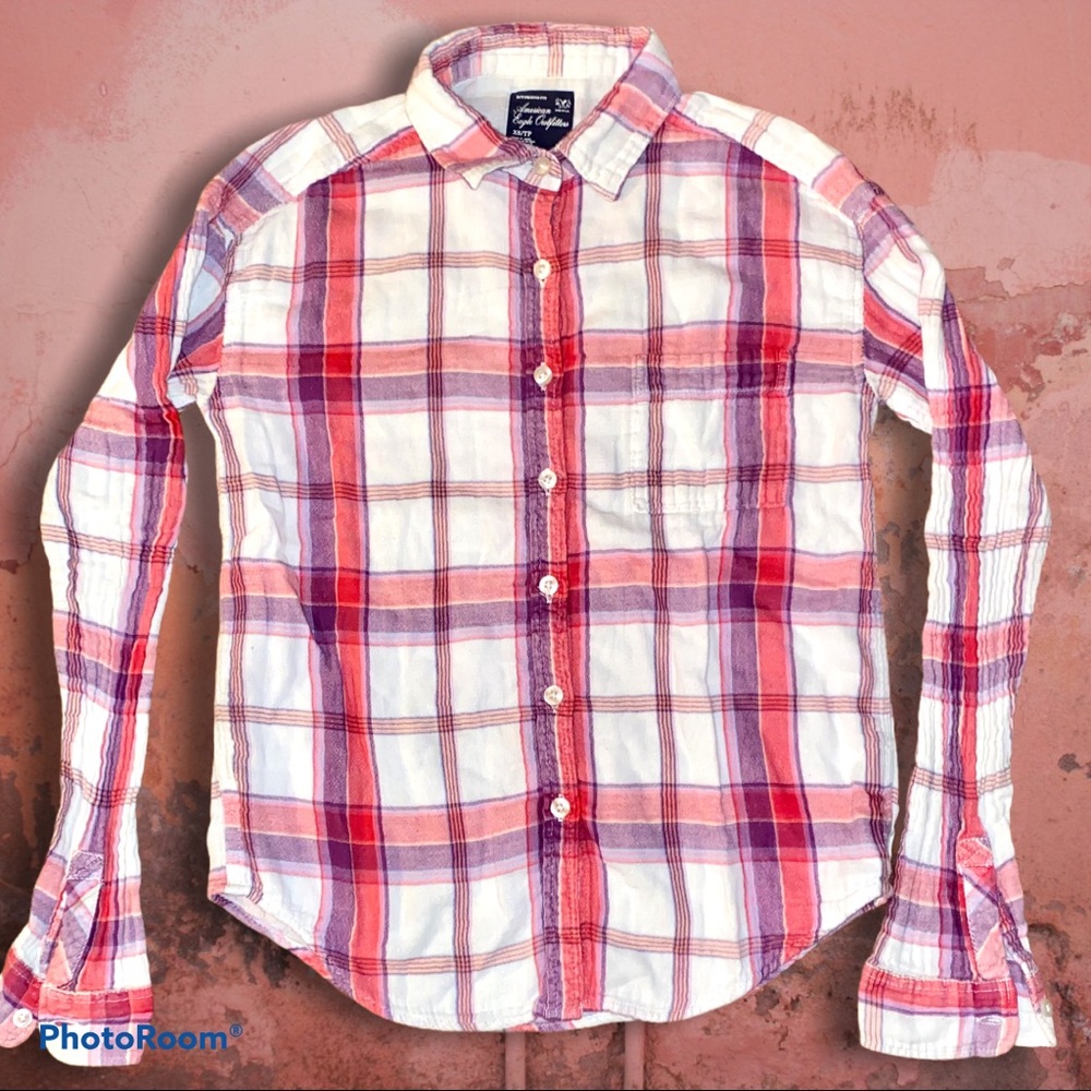 🚨BOGO❗️AEO Pink Plaid Button-Down Shirt, X-SMALL 🍁CUTEST FALL TOP!